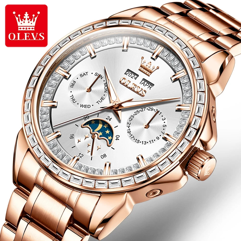 Stainless Steel Mechanical Watch 6695 Chronograph Calendar 42mm — Rose Gold | KIMLUD