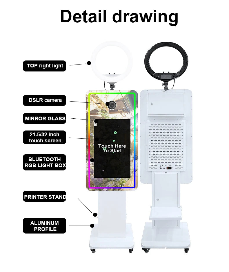 Metal Frame Magic Mirror Photo Booth 21.5 Inch RGB LED — White | KIMLUD