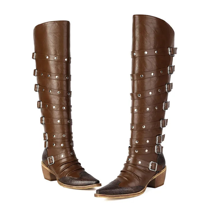 Western Buckle Wedge Boots — Saddle Brown | KIMLUD
