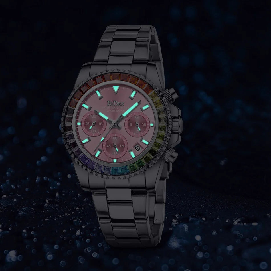 Fashion BIDEN Brand Lady Dress Watch Calendar Colorful Rhinestone Dial Casual Business Women Wristwatch Silver Stainless Steel