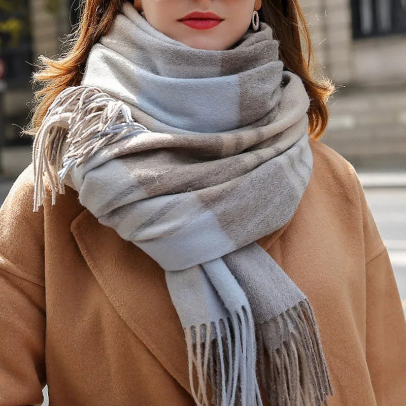 Lambswool Scarf Checkered Camel Plaid — Camel | KIMLUD
