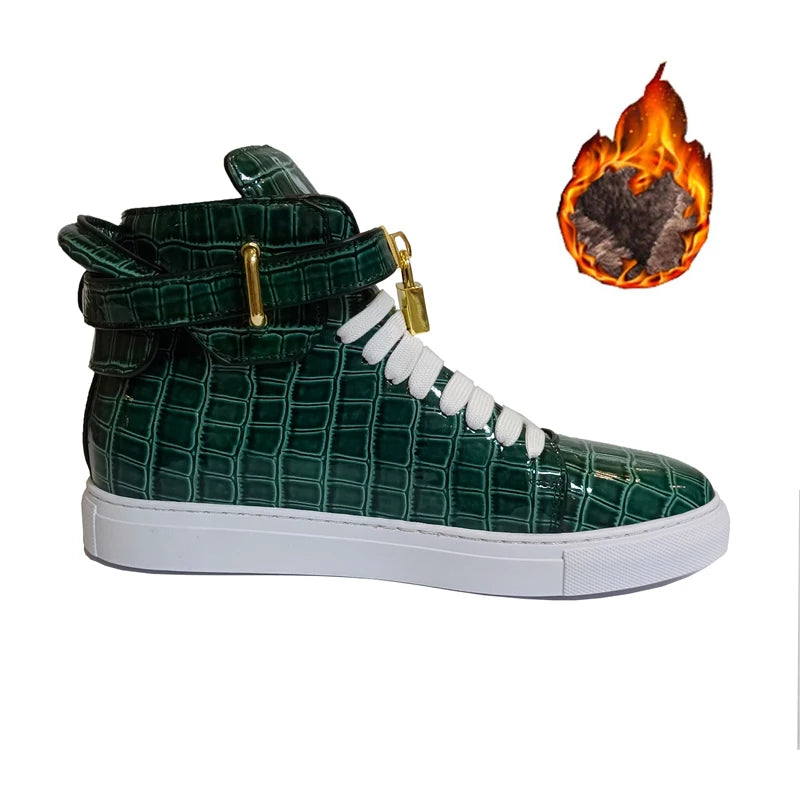 High Top Sneakers – Gold Buckle – Crocodile Pattern Leather | KIMLUD