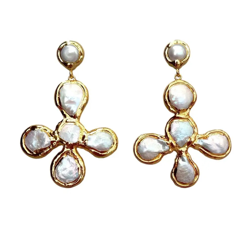 YYGEM Gold plated Cross shape Natural Freshwater Cultured White Coin Pearl Crucifix Drop Stud Earrings Fashion Jewelry For Gift