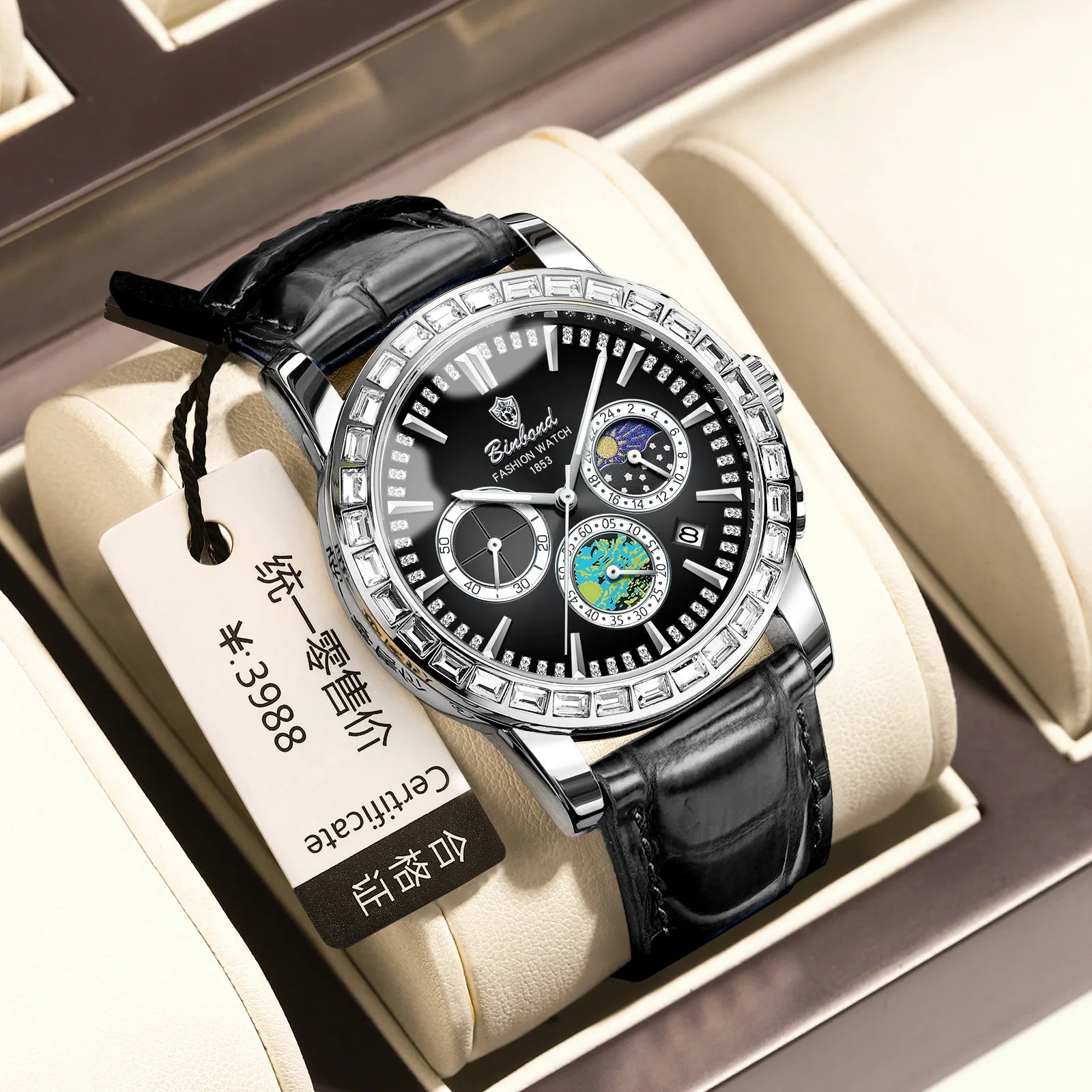 Stainless Steel Moon Phase Dial Watch — Silver | KIMLUD