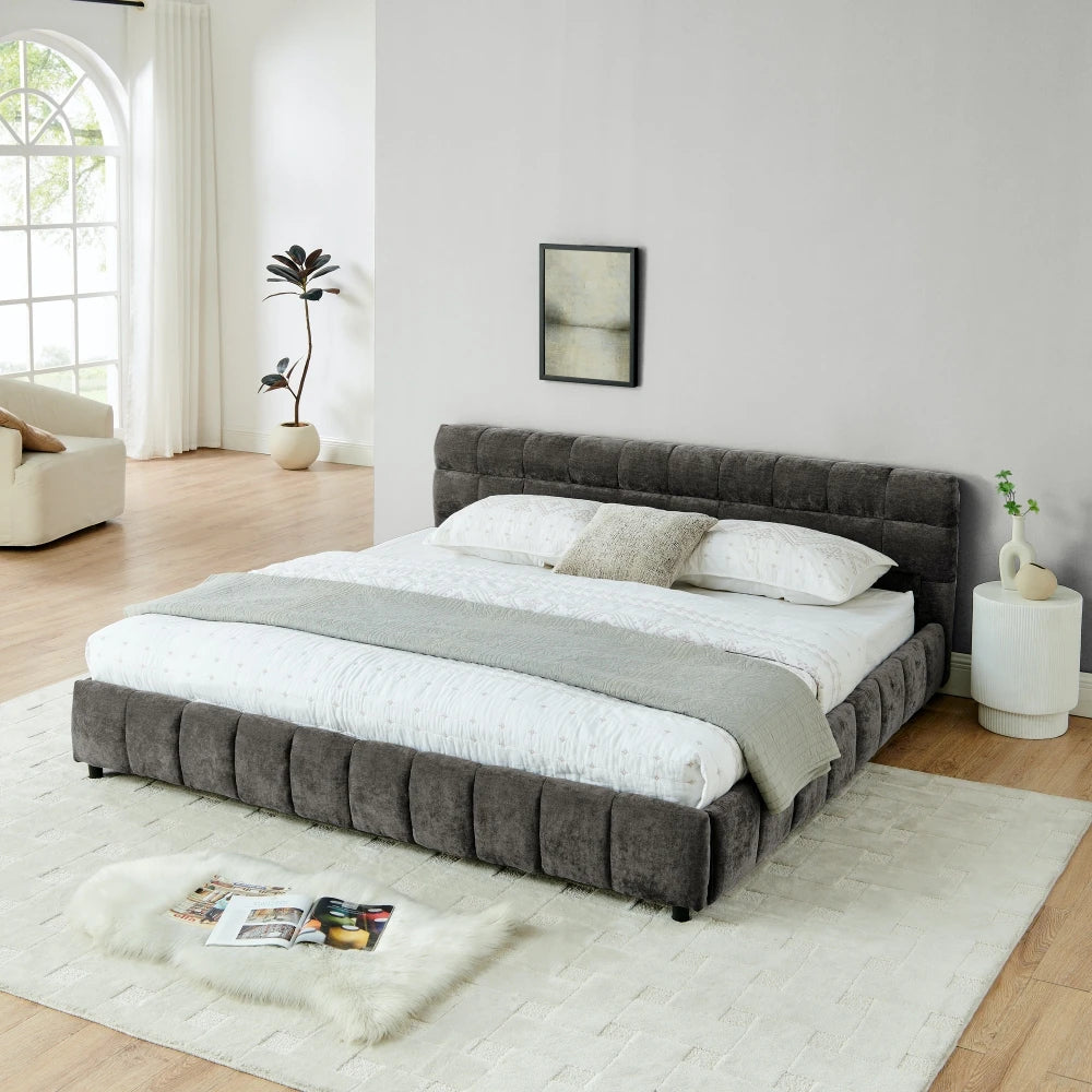 Chenille Upholstered Bed Frame King Size — Deep Charcoal Gray | KIMLUD