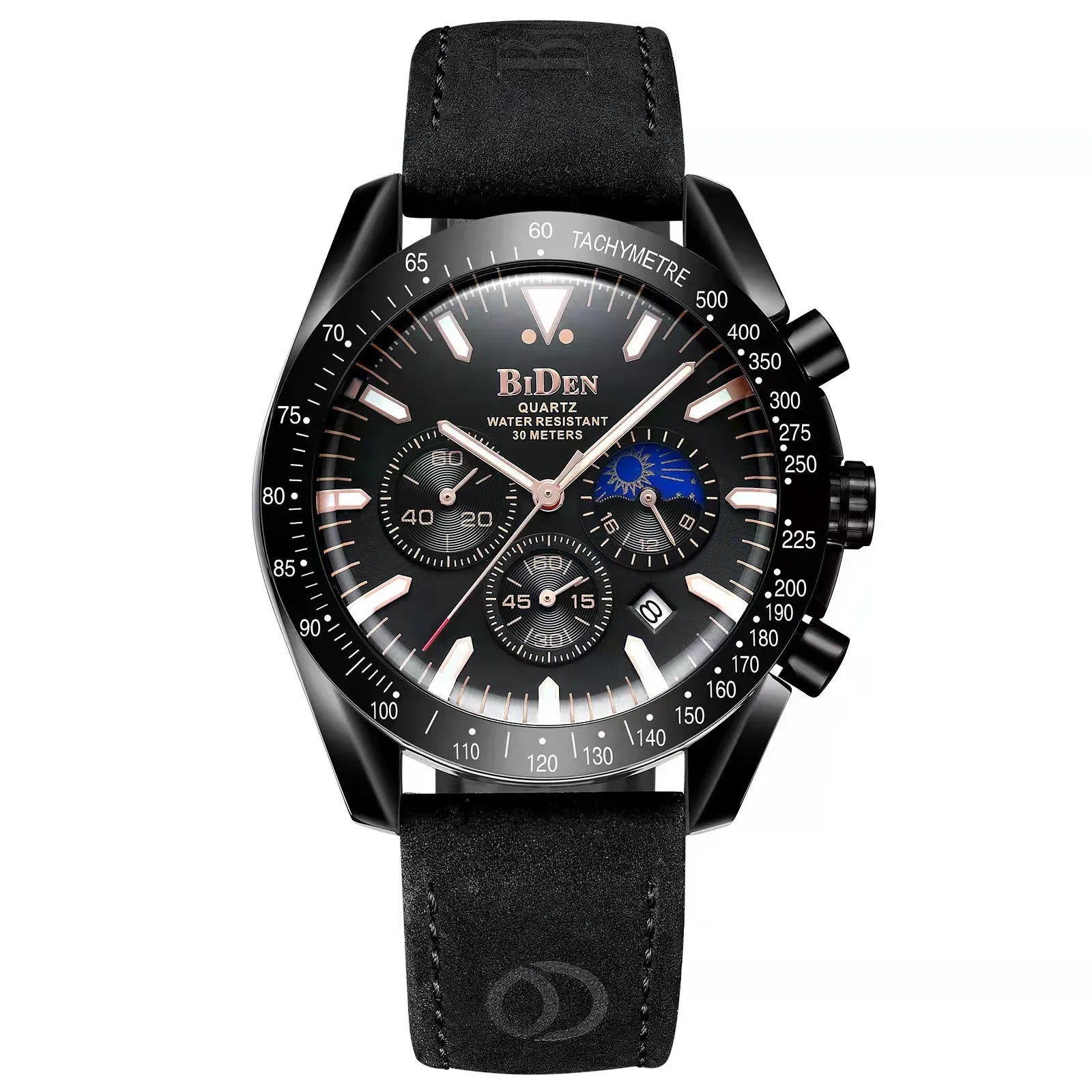 Leather Chronograph Watch Moon Phase — Black | KIMLUD