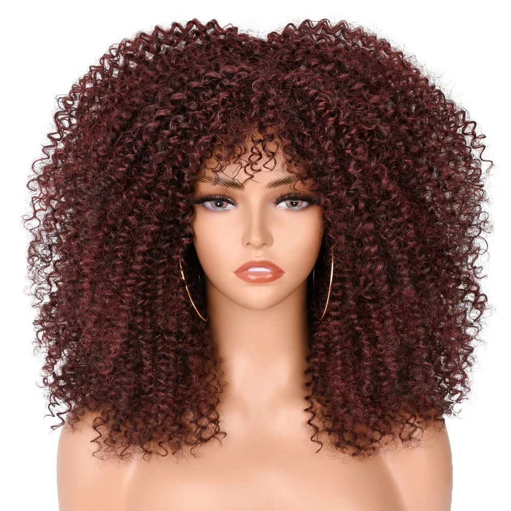 Afro Kinky Curly Hair Wigs With Bangs — Natural Brown Mixed | KIMLUD