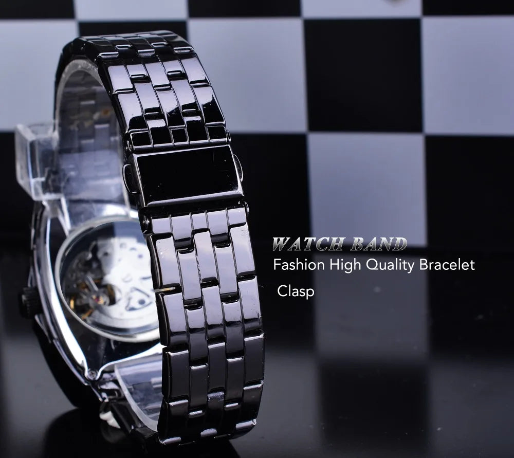 DUNCOUGAR Triangle Skeleton Black Automatic Watch Stainless Steel Men Business Sport Irregular Mechanical Wristwatch