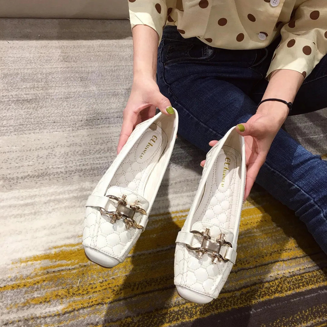 Women's Flat Shoes Spring Autumn New Square Toe Chain Comfortable Casual Square Toe Slip-On Female Shoes Large Size 36-42