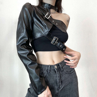 KIMLUD, Women Fashion Punk Style Crop Tops Cool Single Long Sleeve Neck Hanger Leather Belt Connected Tops Streetwear Jackets, KIMLUD Womens Clothes