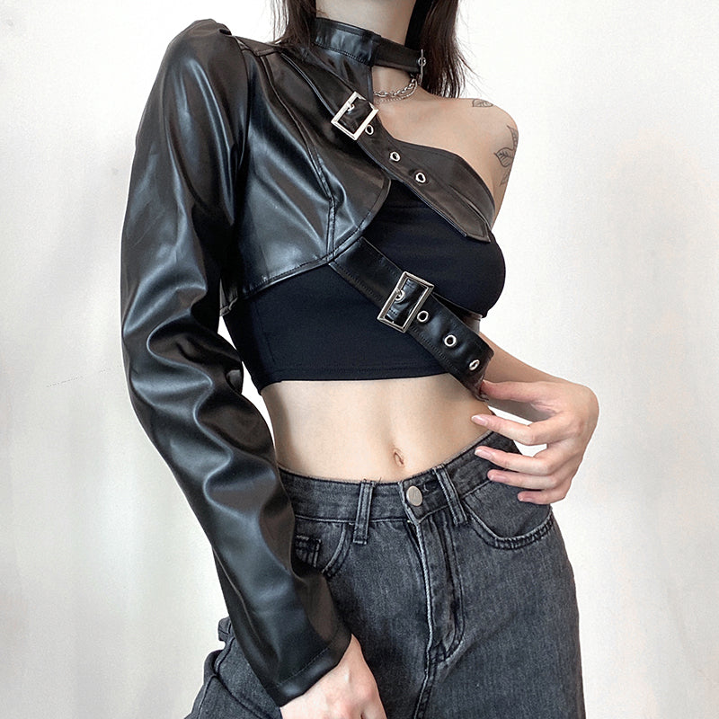 Women Fashion Punk Style Crop Tops Cool Single Long Sleeve Neck Hanger Leather Belt Connected Tops Streetwear Jackets