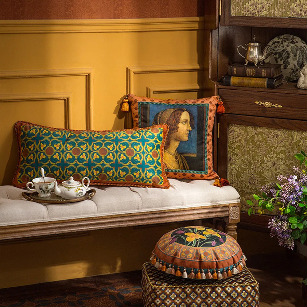 Vintage Colorful Cushion Cover,Light Luxury Velvet Tassel Pillowcase,Cute Home Decoration,Italy Renaissance Art Muse Print,45cm