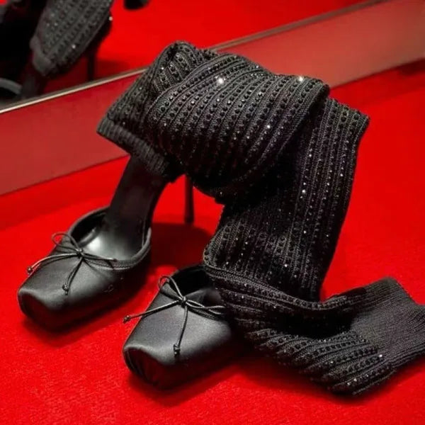 Diamond-Knit Upper Knee-High Boots With Bow — Black | KIMLUD