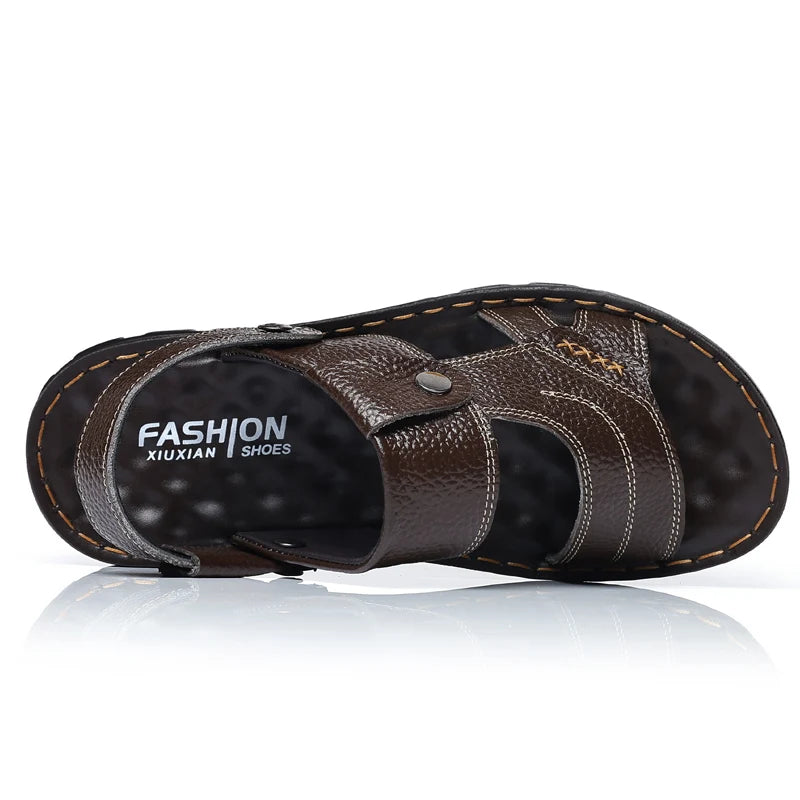 Split Leather Slide Sandals Open-Toe Slip-On Outdoor Summer Essential — Black | KIMLUD