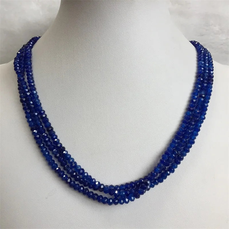 Double Blue Sapphire Chain Necklace for Women Natural Faceted Jade Stone Beads Choker Collares 3*4mm Abacus Gift Jewelry