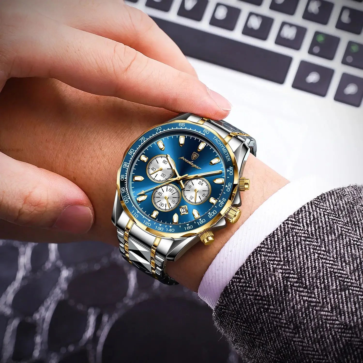 Stainless Steel Luxury Sports Watch Chronograph Auto Date — Blue | KIMLUD