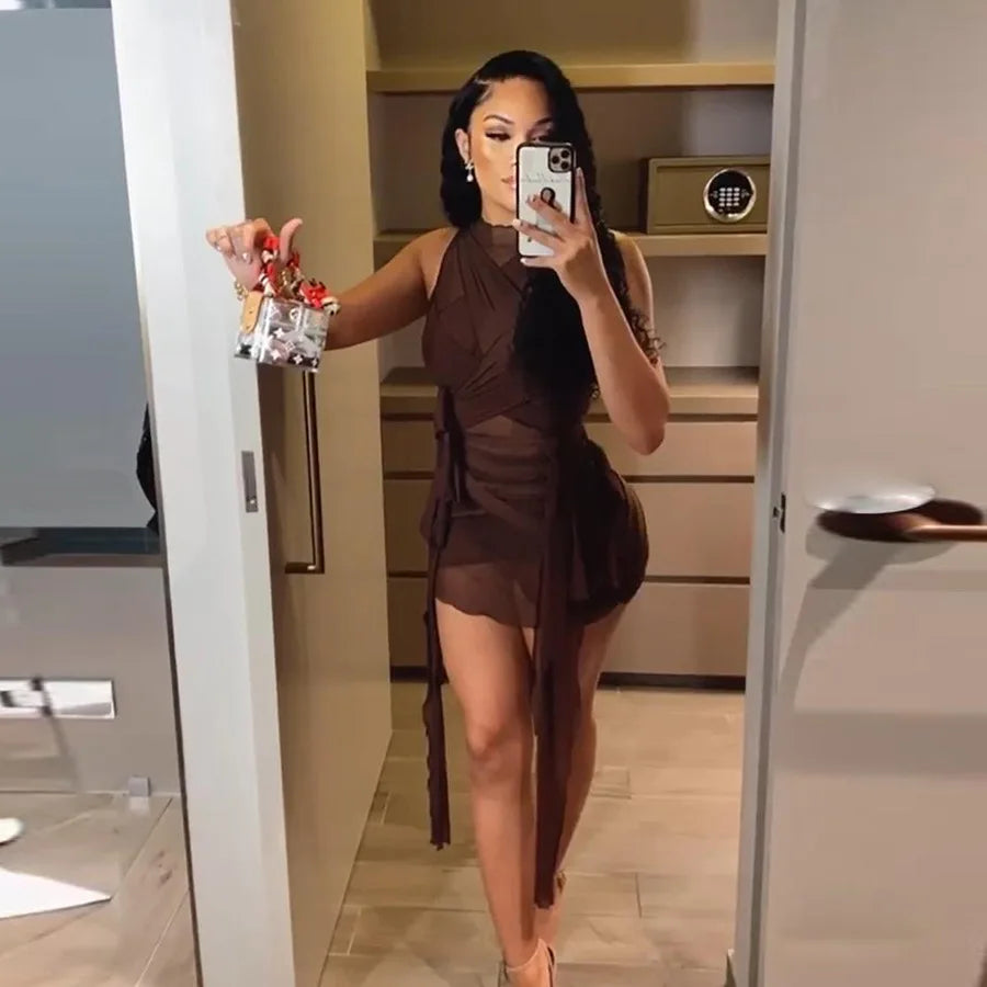 Ribbon-Wrapped Dress Draped See-Through Mesh Bandage Short High-Waist — Brown | KIMLUD