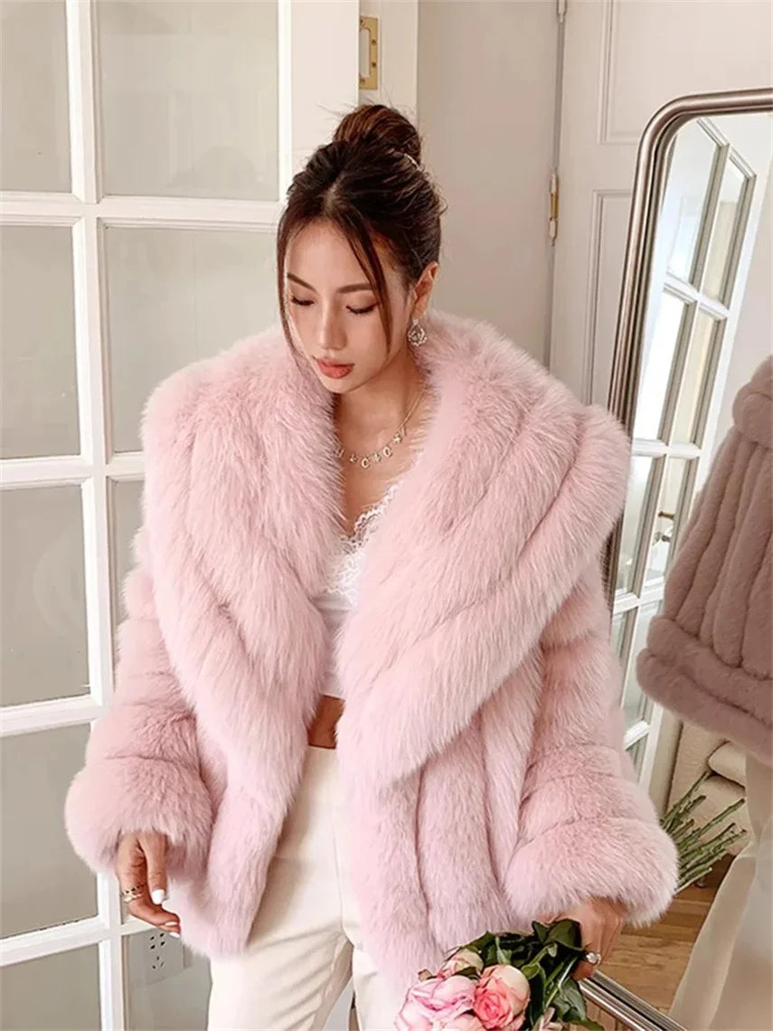 fox Fur Coat Red pink Women's Fox Fur Jacket with Big Shawl Collar Winter Outerwear Furry Elegant Fox Fur White Coat Mink Coat