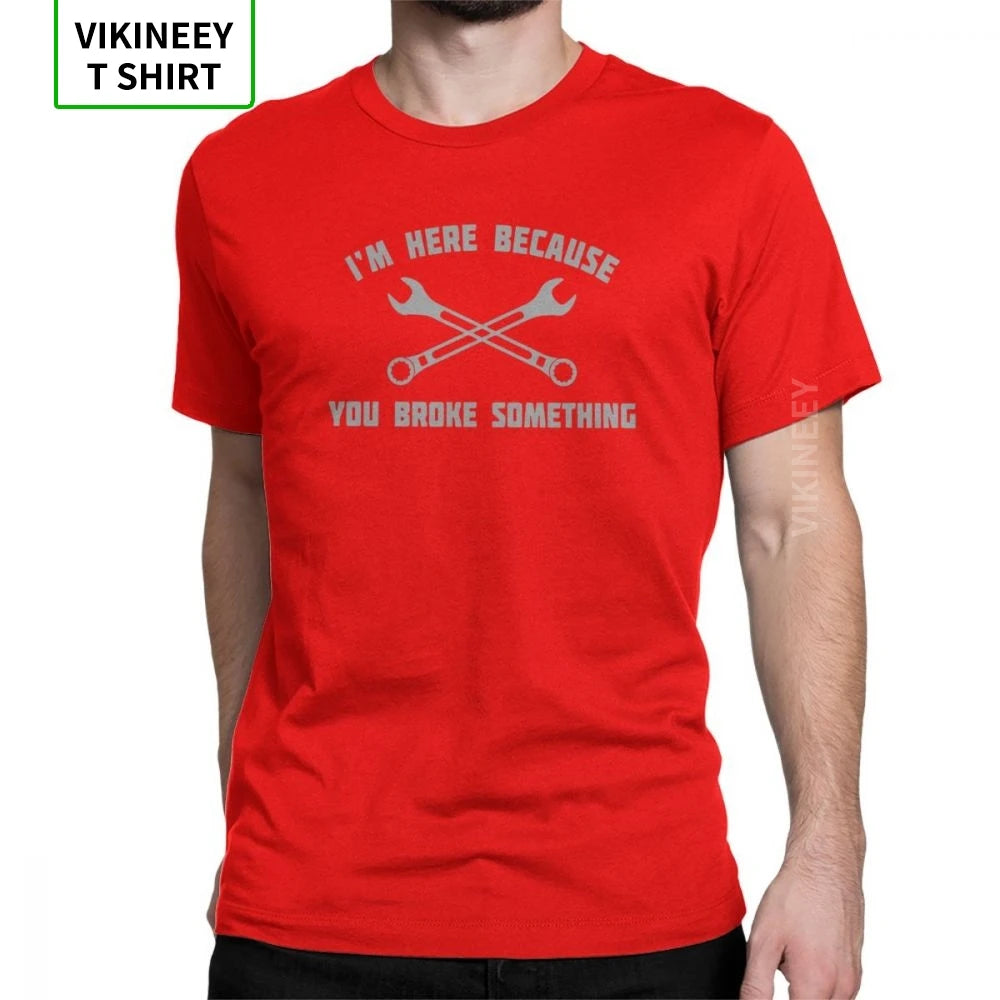 Men's T Shirt – Mechanic Car Print – Cotton Short Sleeve – Black | KIMLUD