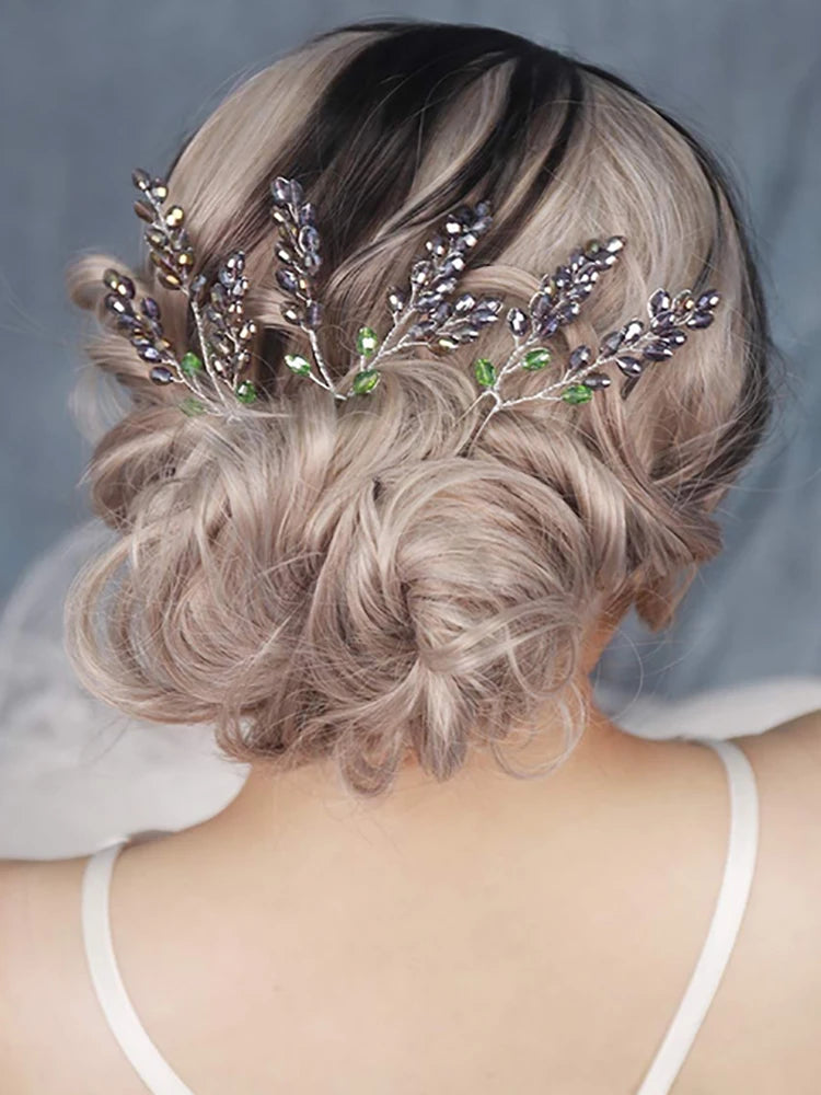 KIMLUD, Bohe Purple Crystal Bridal Hair Accessories Wedding Headdress Women Headpieces For Bride to be 3PCS Hair Pins Hair Jewelry Set, KIMLUD Womens Clothes
