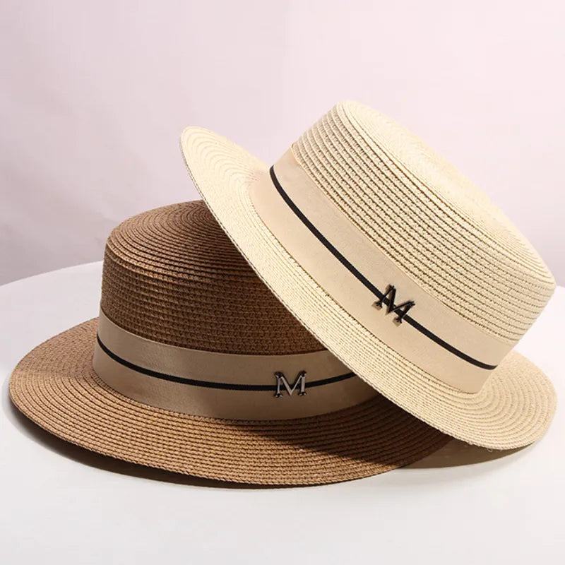 KIMLUD, 2022 New Summer Women's Boater Beach Hat Wide brim Female   Panama Hat Lady Classic Flat Bowknot Straw Sun Hat Women Fedora Hats, KIMLUD Womens Clothes