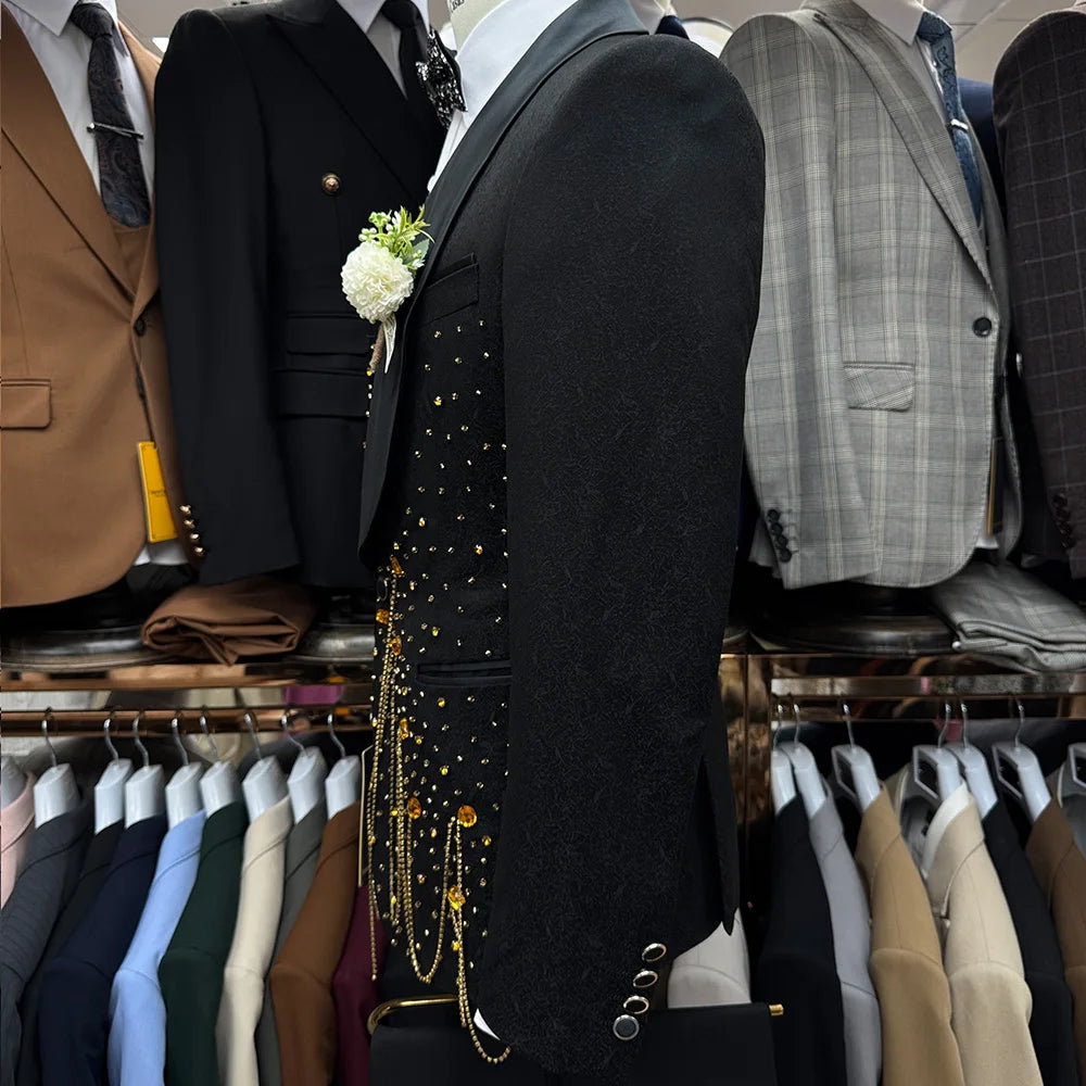 Handmade Rhinestone Beaded Men 3 Piece Suits Luxury Wedding Groom Wear Slim Fit Single Breasted Tuxedo Jacket Vest Pants Set