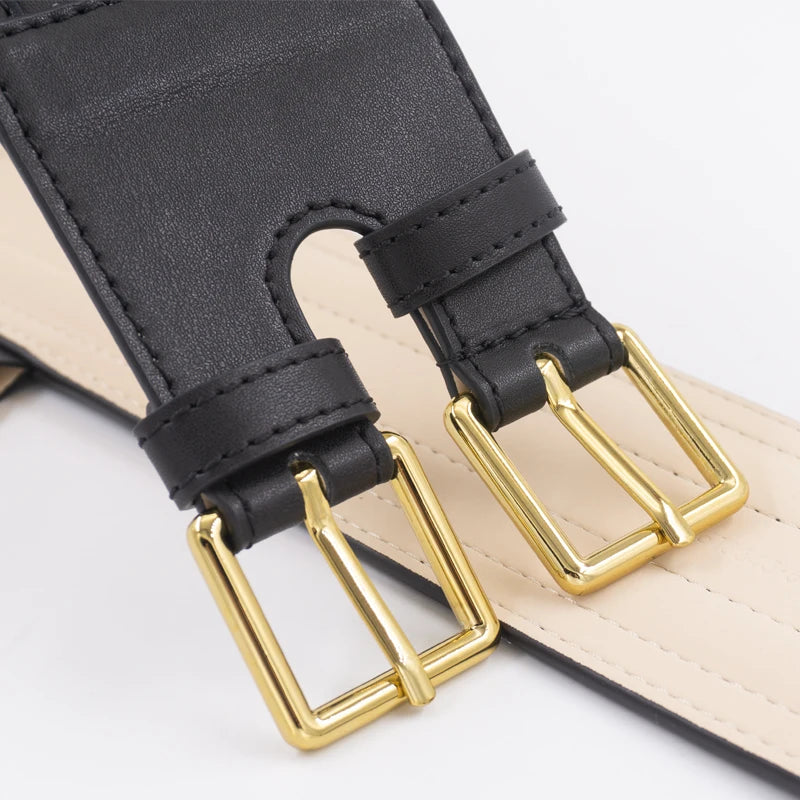 Light gold double needle buckle  wide waist seal leather women's wide belt suit coat decoration Waist Wide Belt