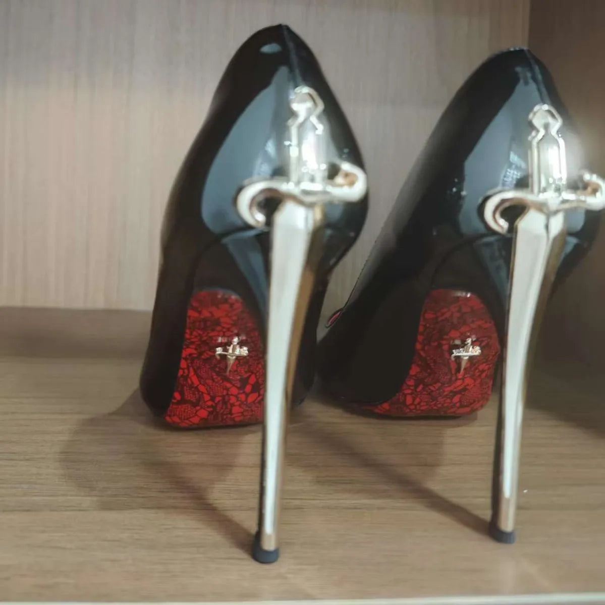 Microfiber Stiletto Open-Toe Red Bottom — Black | KIMLUD