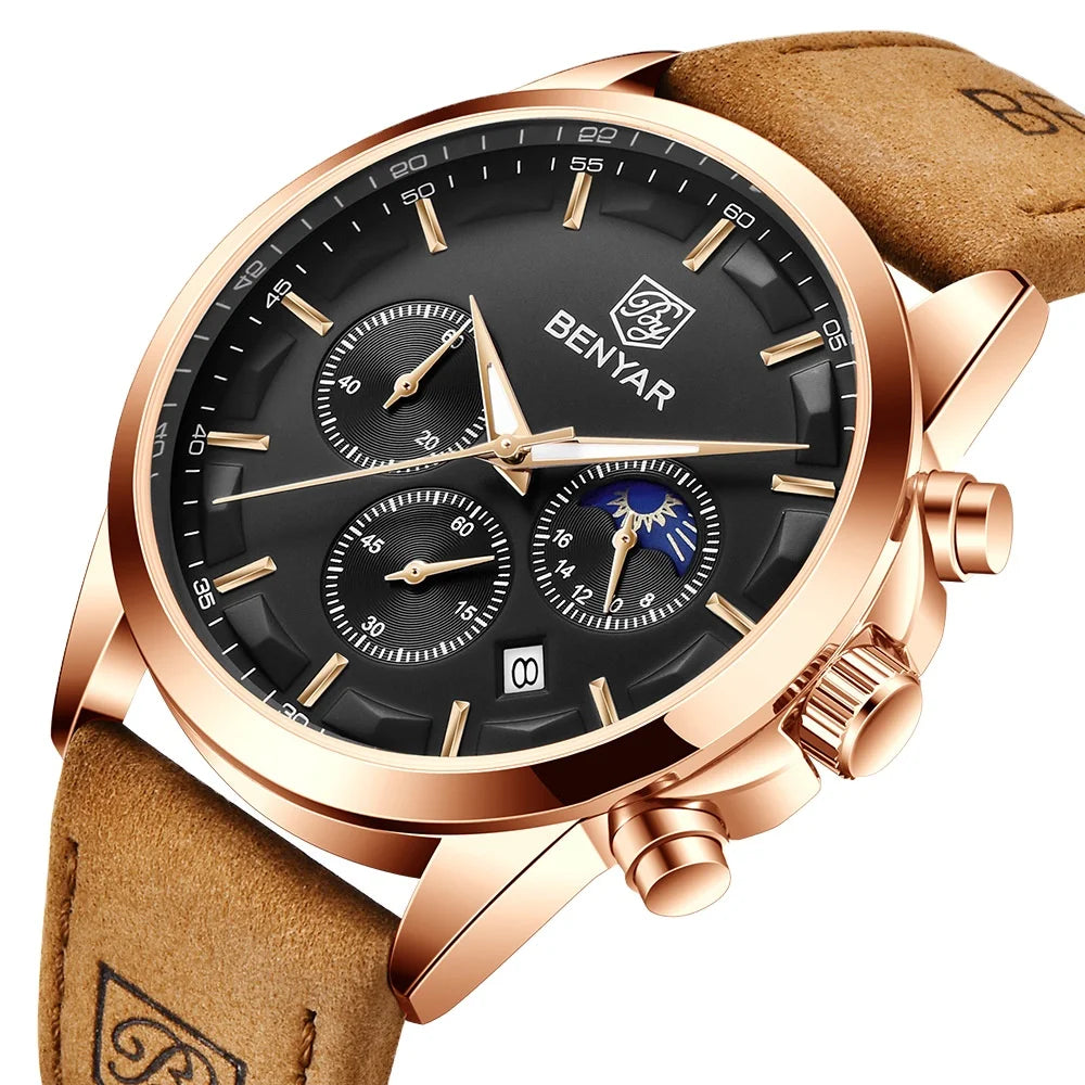 BENYAR 5160 Top Brand Men Quartz Wristwatches Fashion Sport Chronograph Watch Leather Waterproof  Watch Men Reloj Hombre
