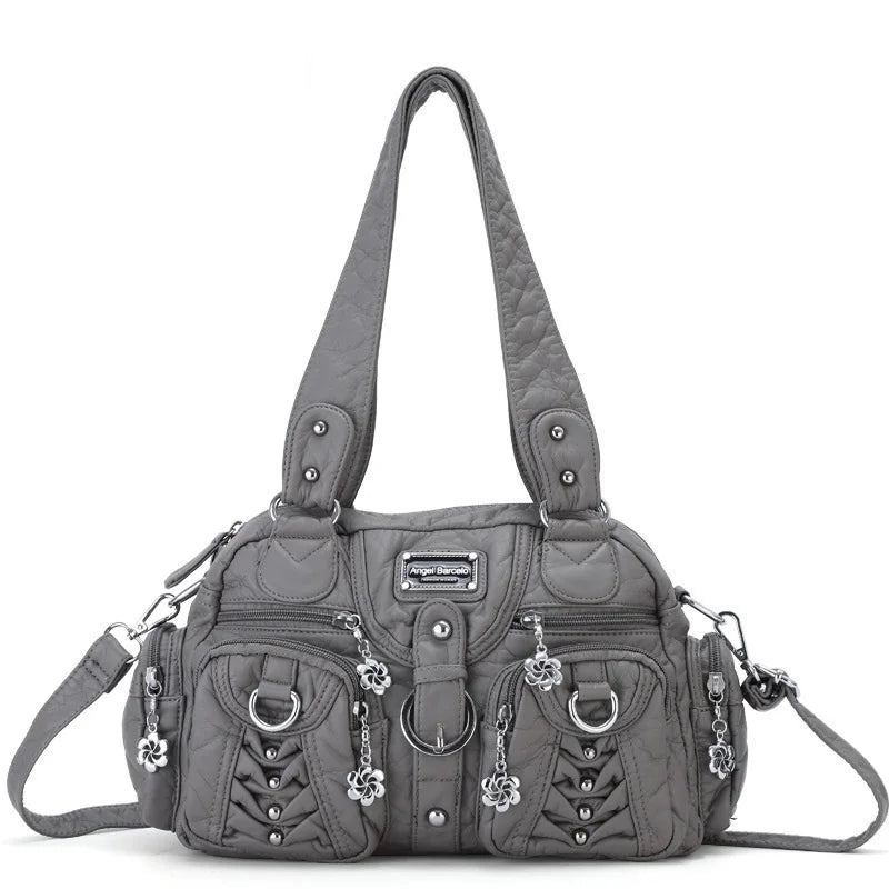 PU Satchel Top-Handle Dumpling Bag — Black | KIMLUD