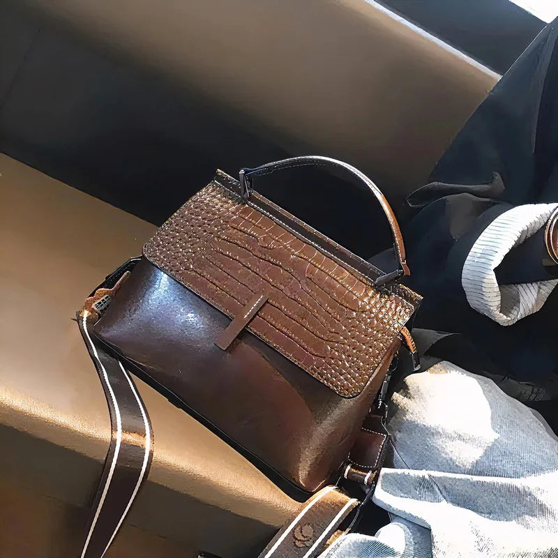 Genuine Leather Handbag Crocodile Print Double Shoulder Straps — Cognac | KIMLUD