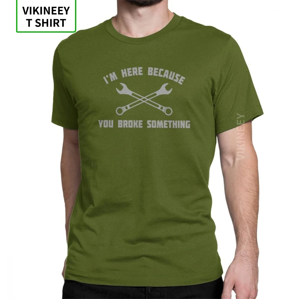 Men's T Shirt – Mechanic Car Print – Cotton Short Sleeve – Black | KIMLUD