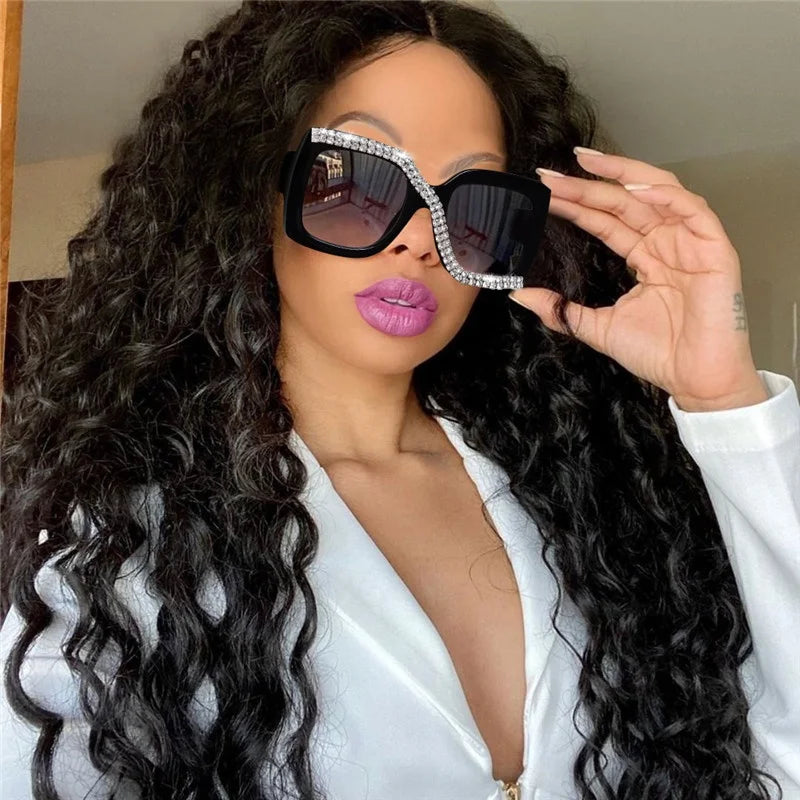 Diamond-Embellished Oversized Sunglasses — Black | KIMLUD