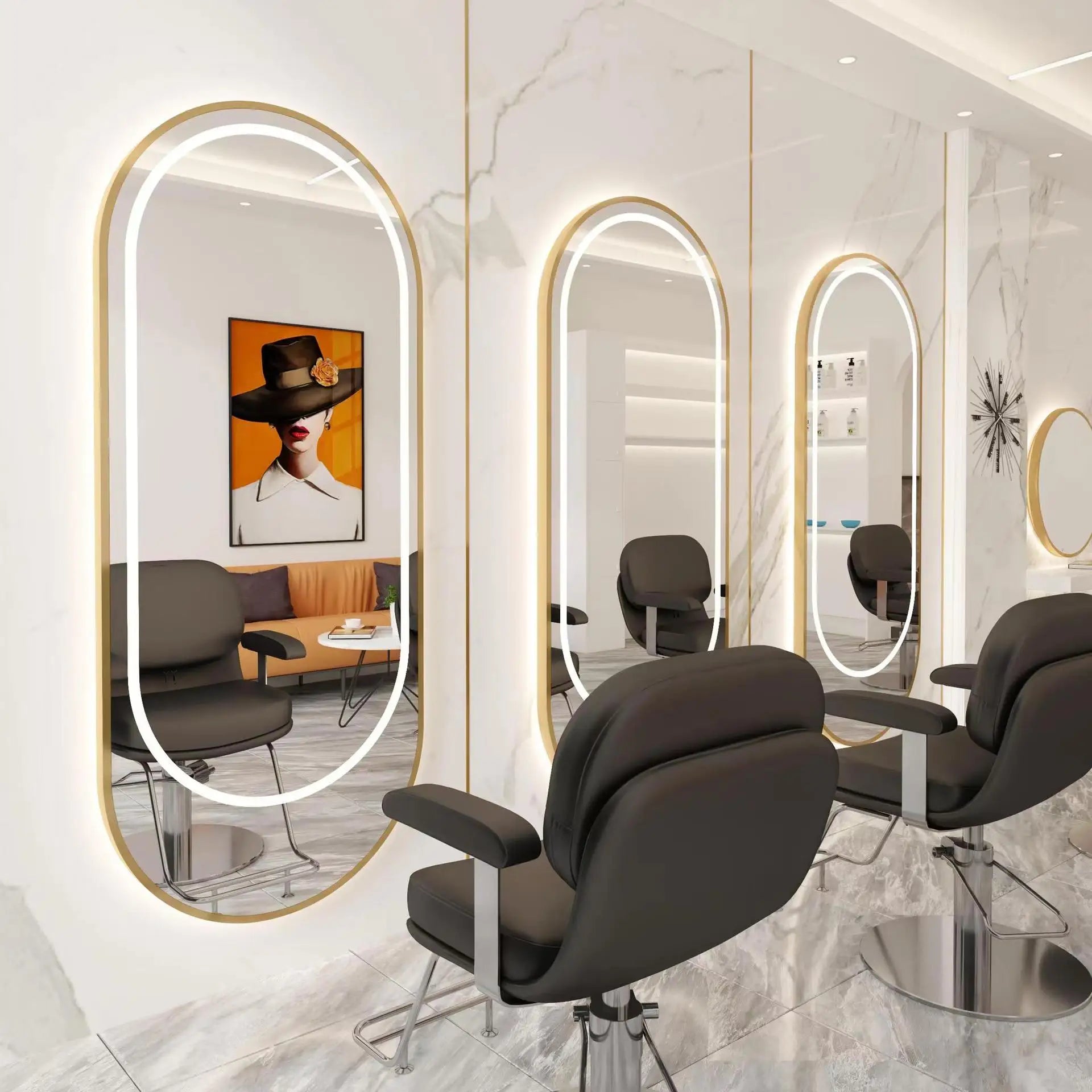 Chrome Mirror Station With Led Lighting Three Color Adjustable Barbershop Furniture — Silver | KIMLUD