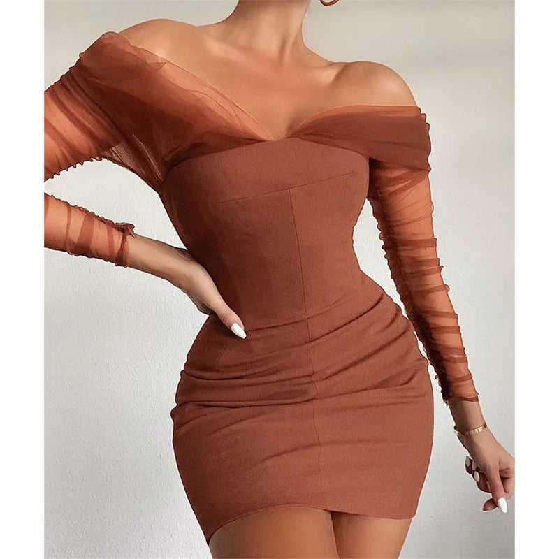 Mesh Dress Off-Shoulder Illusion Draped Over Worsted Bodycon — Terracotta | KIMLUD