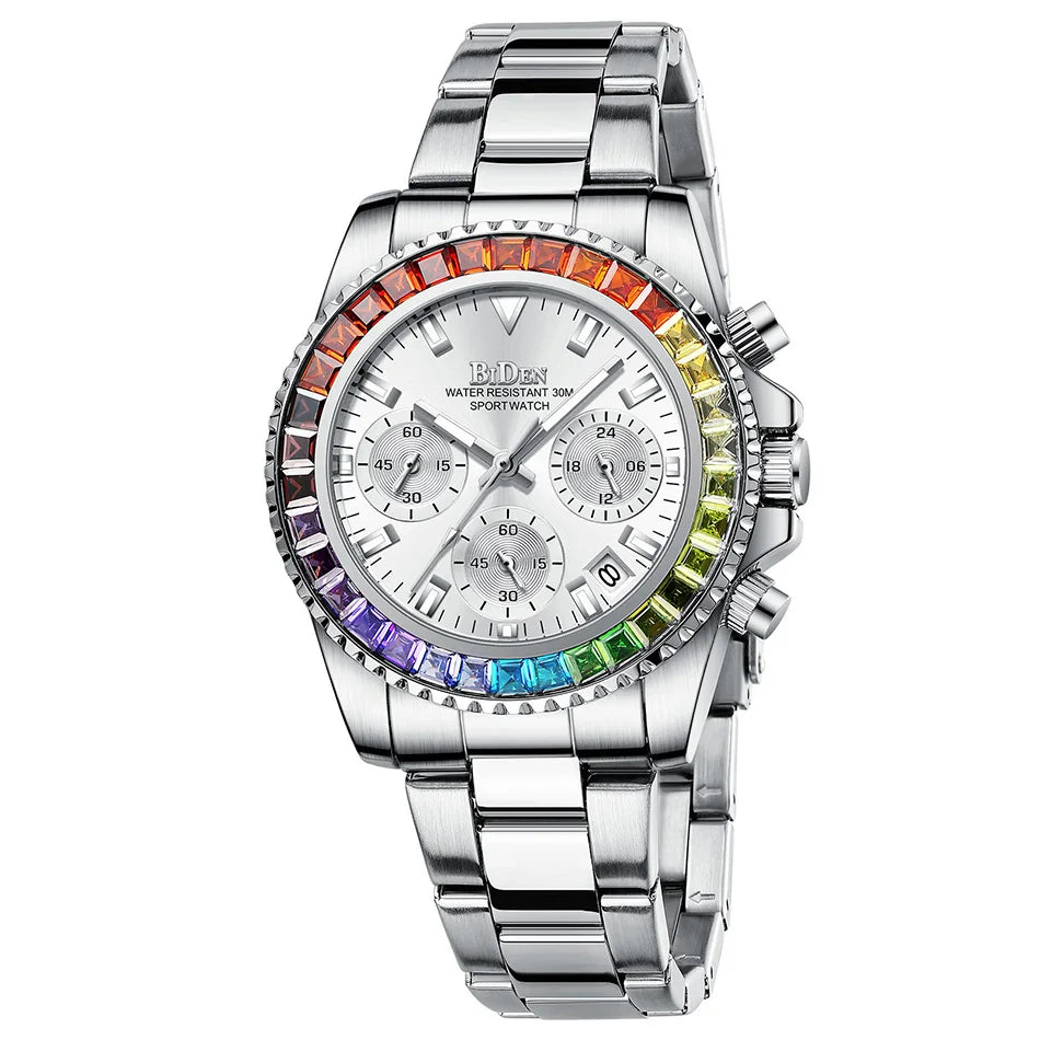 Fashion BIDEN Brand Lady Dress Watch Calendar Colorful Rhinestone Dial Casual Business Women Wristwatch Silver Stainless Steel