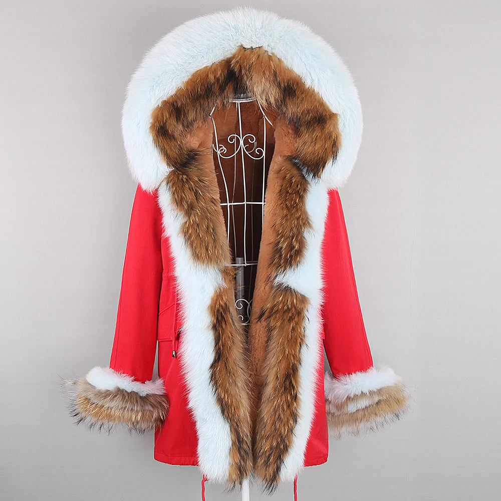 2024 Winter Jacket Women Natural Raccoon Fur Collar  Real Fur Coat Color matching Hood Cuffs Thick Warm Outerwear New Long Parka