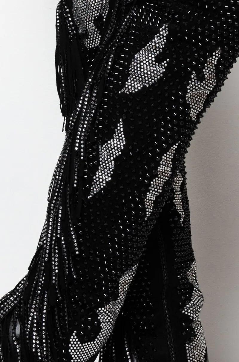 Fashion Womens Rhinetone Embellished Over The Knee Boots Crystal Fringe Party Shoes Autumn Thigh 10cm Metal High Heel Long Boots