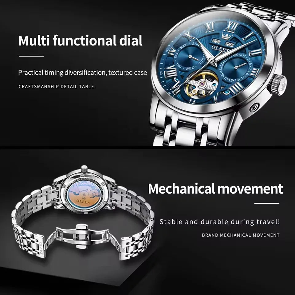Stainless Steel Watch Moon Phase Luminous Tourbillon Automatic — Cobalt Blue | KIMLUD