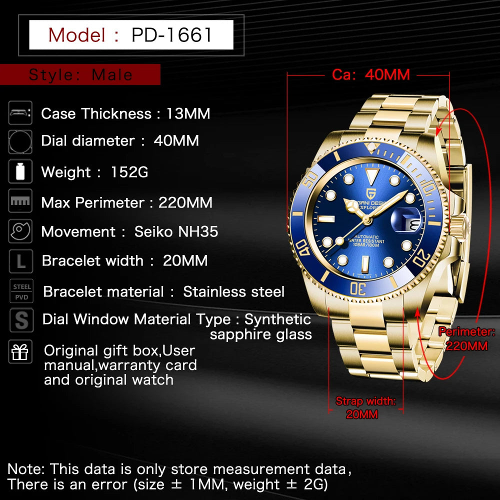 PAGANI DESIGN 2024 Men's 40MM Automatic Watch Top Brand Luxury Sapphire Glass Mechanical Watch Stainless Steel Waterproof Watch