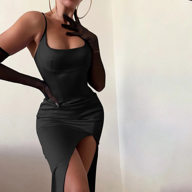 Midi Sheath Dress – V-Neck – Satin – Rose | KIMLUD