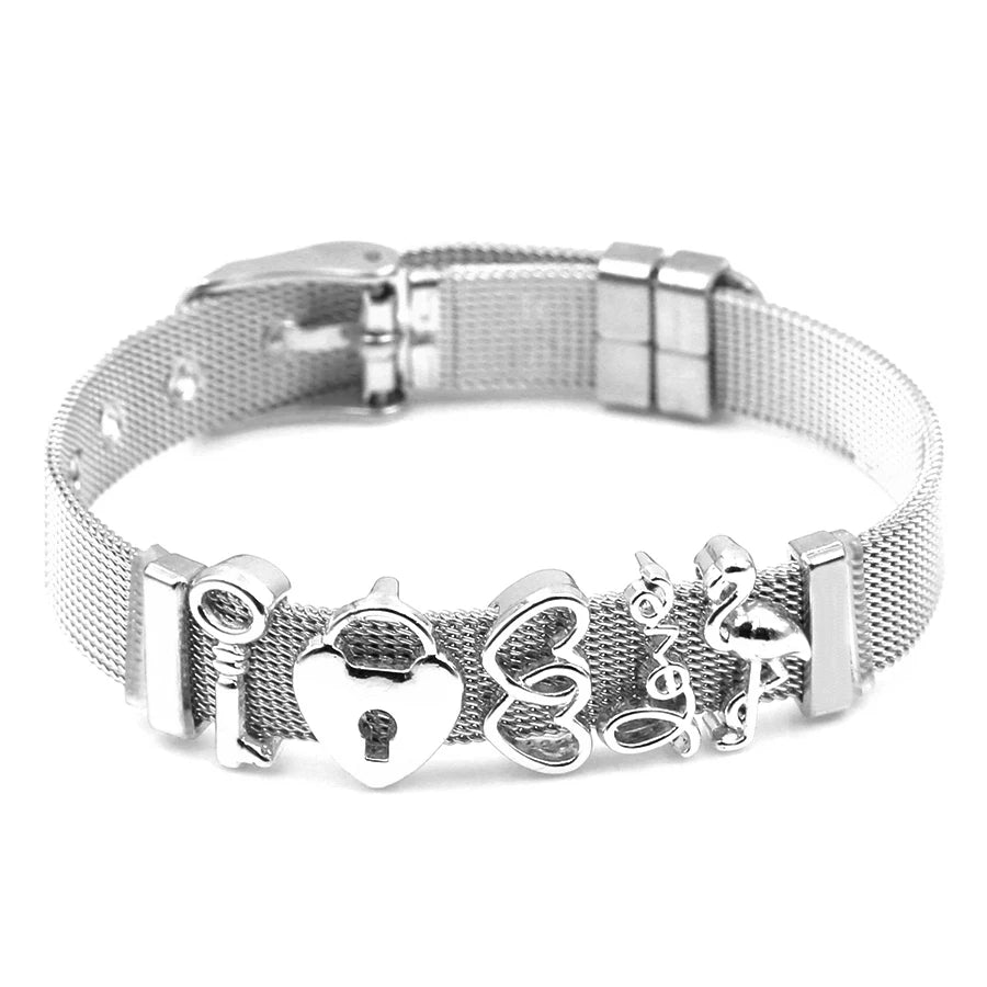 DINGLLY Two-tone Stainless Steel Mesh Bracelets For Women Men Love Heart Beaded 10mm Ribbon Mesh Bracelet & Bangle Gifts