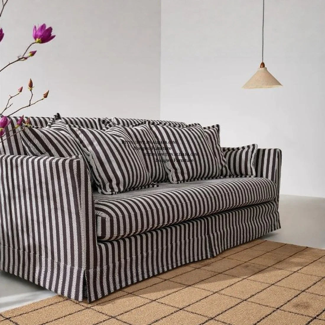 North European and American Style Rural Linen Striped Fabric Three Seater Sofa, Fully Disassembled and Washed Furniture