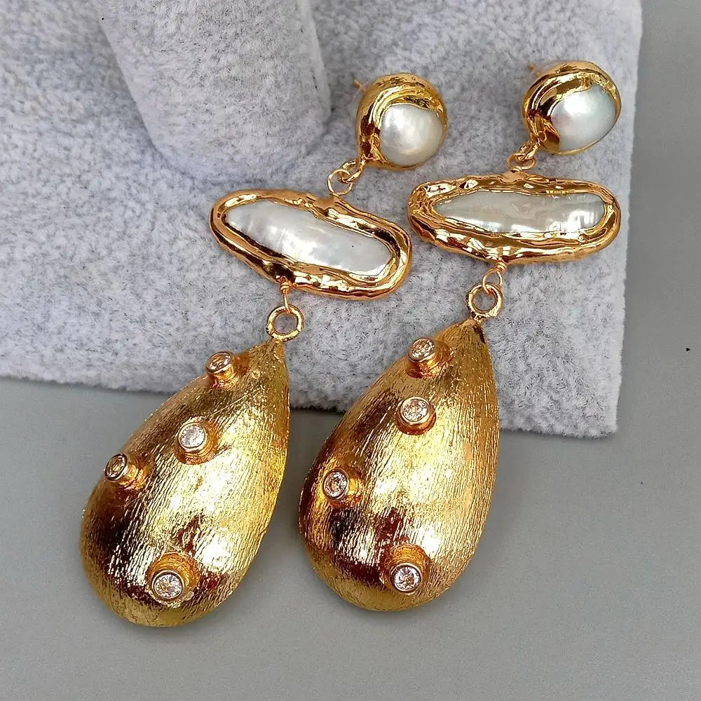 KKGEM natural Cultured 12x28mm White Biwa Pearl Teardrop  23x36mm Brushed Bead  Cz Pave Stud Earrings