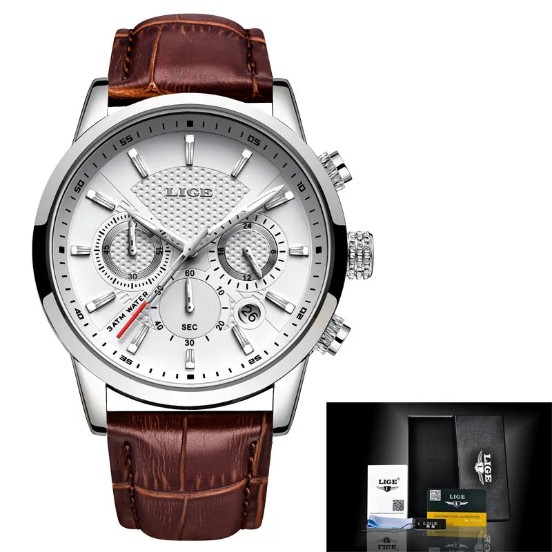 2025 New Mens Watches LIGE Top Brand Leather Chronograph Waterproof Sport Automatic Date Quartz Watch For Men Relogio Masculino