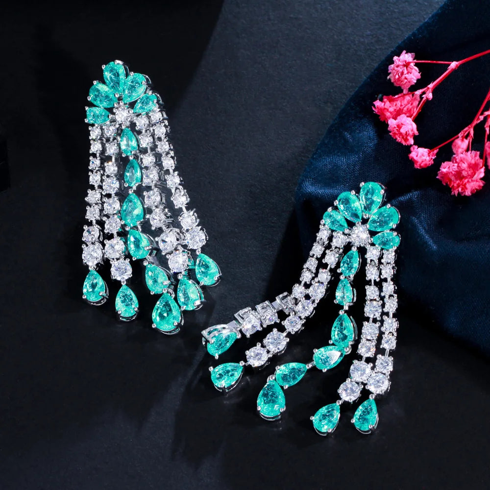CWWZircons Chic Long Dangle Drop Tassel Light Green Cubic Zirconia Earrings for Women Wedding Banquet Bridal Party Jewelry CZ012