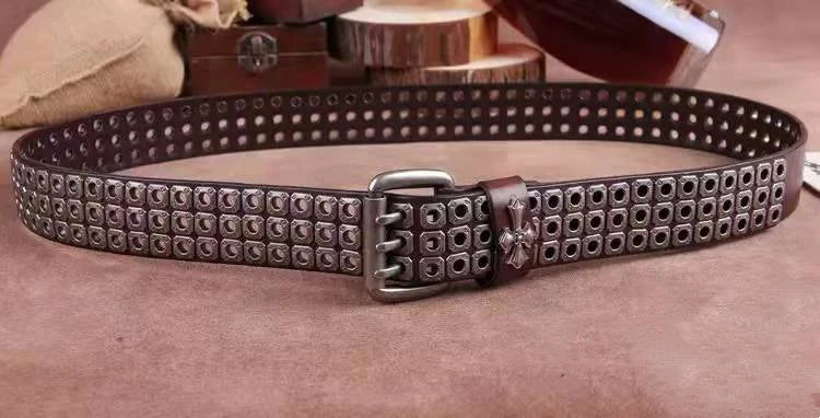 Studded Leather Belt Heavy Metal Style — Dark Brown | KIMLUD