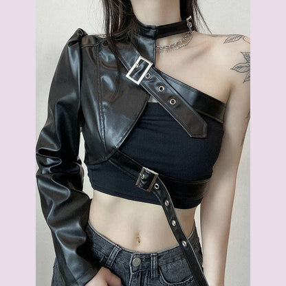 KIMLUD, Women Fashion Punk Style Crop Tops Cool Single Long Sleeve Neck Hanger Leather Belt Connected Tops Streetwear Jackets, KIMLUD Womens Clothes