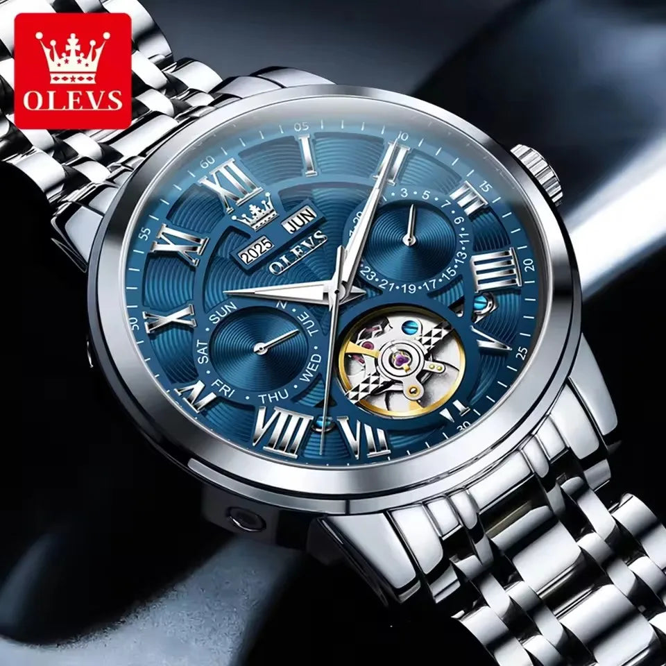 Stainless Steel Watch Moon Phase Luminous Tourbillon Automatic — Cobalt Blue | KIMLUD