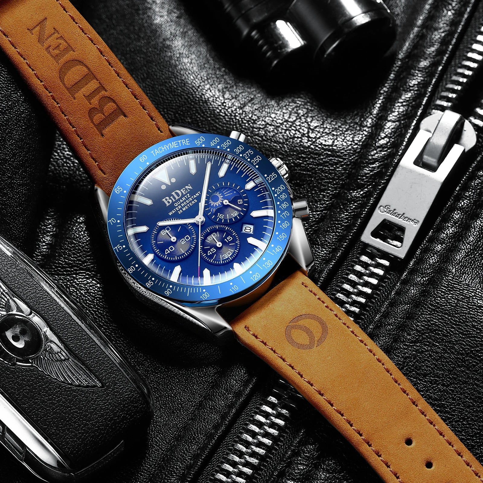 Leather Chronograph Watch Moon Phase — Black | KIMLUD